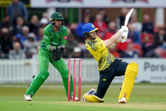 Michael Jones hits out against Leicestershire.