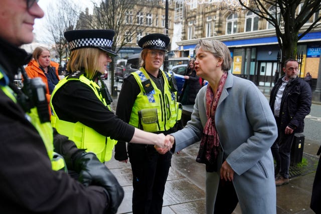 Home Secretary Yvette Cooper on patrol with officers from West Yorkshire Police (Owen Humphreys/PA)