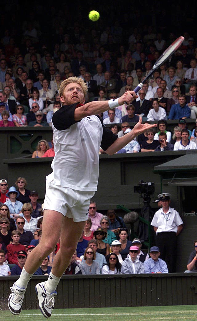 Becker in action against Patrick Rafter during the 1999 Wimbledon tennis Championships