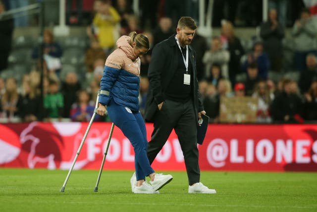 England goalkeeper Mary Earp on crutches at St James'' Park