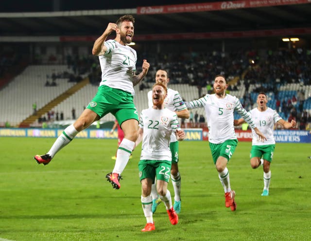 Republic of Ireland striker Daryl Murphy celebrates his late equaliser in Serbia