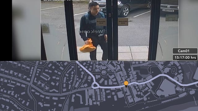 CCTV grab of Nasen Saadi, top, and map, bottom