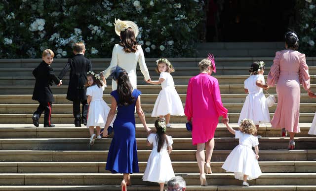 The Duchess of Cambridge arrives with the bridesmaids at St George’s Chapel (Jane Barlow/PA)