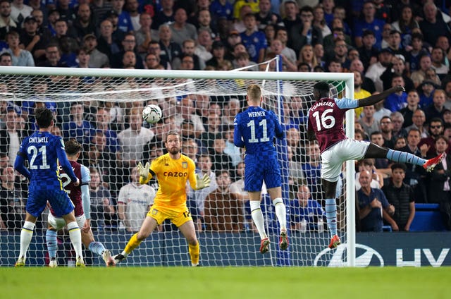 Chelsea’s Timo Werner (second right) scores against Aston Villa