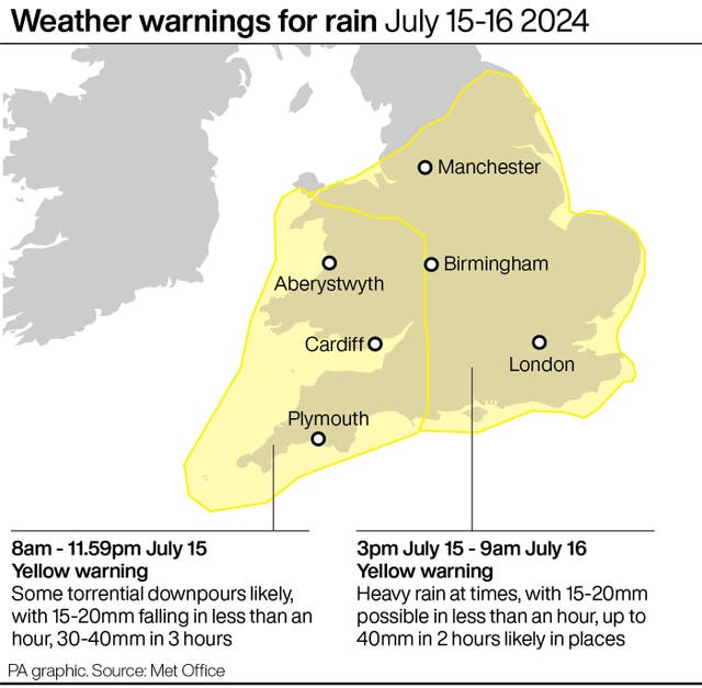 Graphic showing the parts of the UK covered by the yellow weather warning