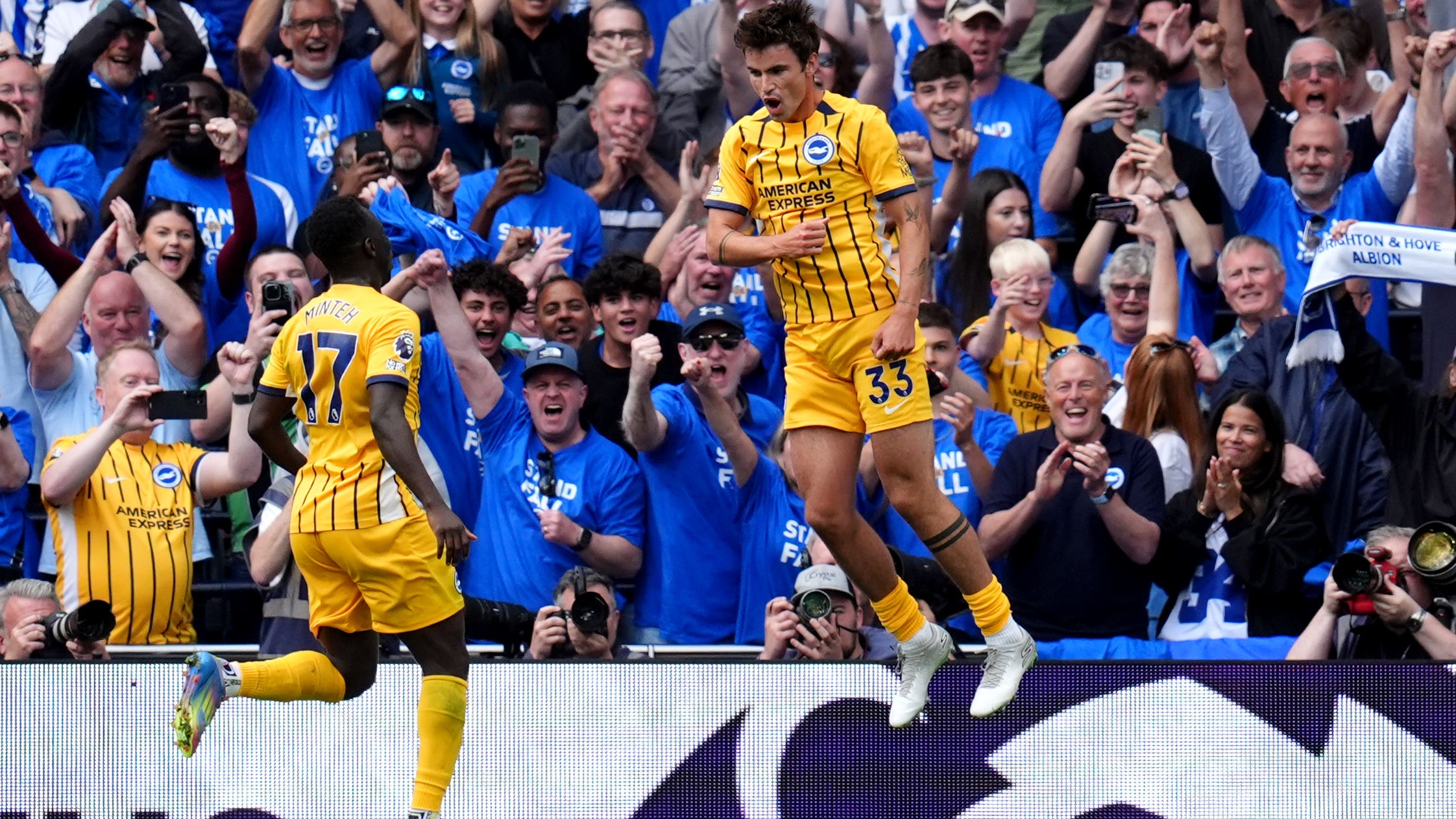 Matt O’Riley (right) celebrates after scoring Brighton’s third goal (John Walton/PA)