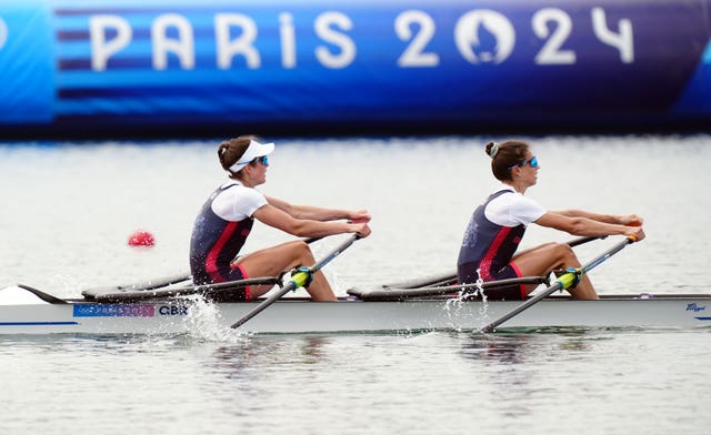 Great Britain rowers Emily Craig and Imogen Gran in action on the water. 