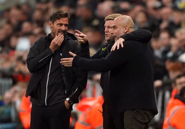 Newcastle head coach Eddie Howe and Manchester City boss Pep Guardiola (right) during the Carabao Cup third round clash at St James’ Park