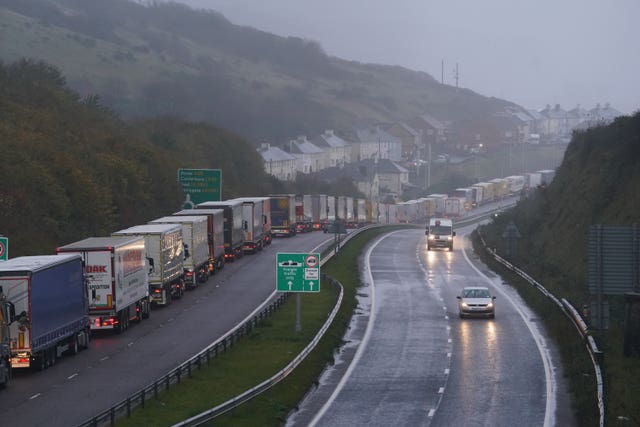 Freight lorries queued for entrance to ferry services on the A20 into Dover
