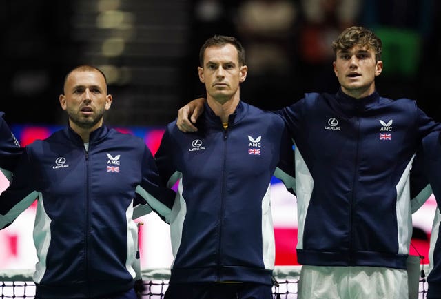 Jack Draper, right, lines up with Andy Murray, centre at Davis Cup