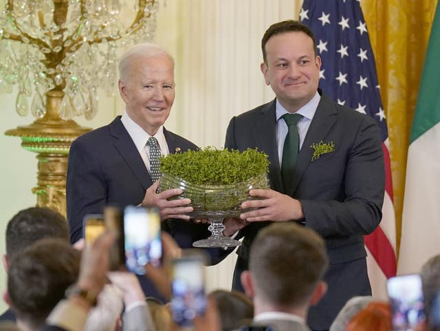 Taoiseach Leo Varadkar and US President Joe Biden during the St Patrick’s Day Reception and Shamrock Ceremony in the East Room of the White House, Washington DC, during his visit to the US for St Patrick’s Day 