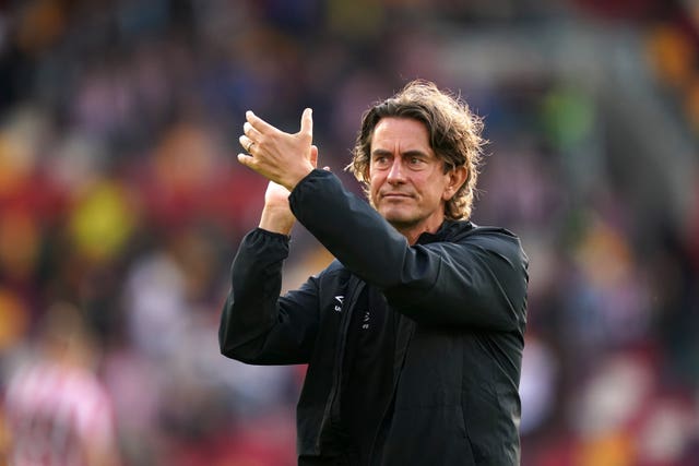 Brentford head coach Thomas Frank applauds fans