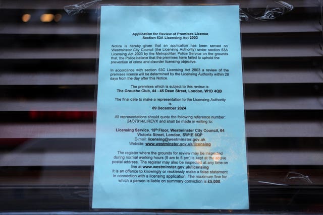 A sign outside the Groucho Club saying it is subject to a review of premesis licence