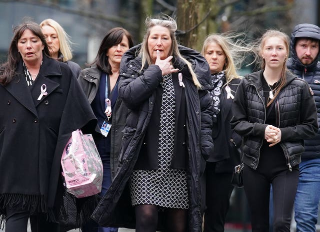 Cheryl Korbel, centre, mother of nine-year-old Olivia Pratt-Korbel, arrives with family members at Manchester Crown Court for the trial of Thomas Cashman, who is charged with murdering her daughter, who was shot in her home in Dovecot, Liverpool, on August 22 