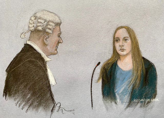 A court artist drawing of prosecutor Nick Johnson KC cross-examining Lucy Letby during her trial at Manchester Crown Court