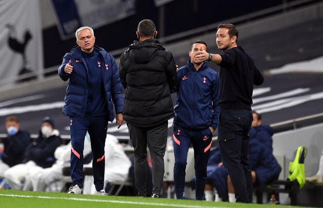 Jose Mourinho, left, and Frank Lampard exchange words on the touchline