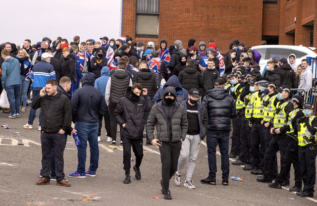 Rangers fans and police presence outside the ground