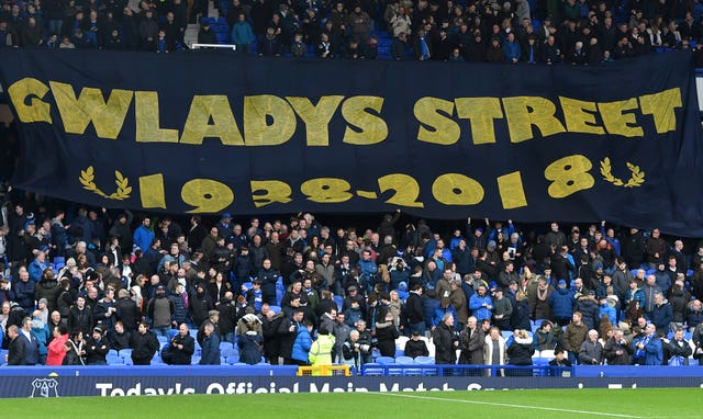 Gwladys Street banner displayed at Everton