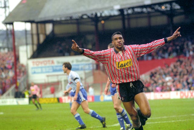 Brian Deane celebrates his historic goal against Manchester United in 1992