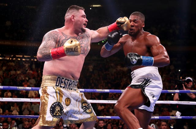 Andy Ruiz, left, lands a punch against Anthony Joshua