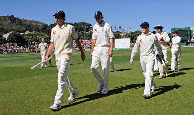 Anderson (left) and Stuart Broad (right) leave the field after their first Test together in 2008.