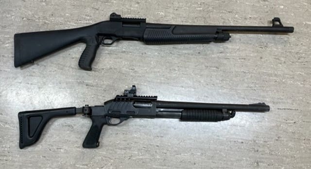 The Weatherby pump action shotgun (top) used by Jake Davison next to a police issue tactical single barrel 12-gauge pump action shotgun (Plymouth HM Coroner/PA)