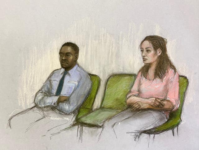 A court artist sketch of Mark Gordon, wearing a white shirt and dark tie, and Constance Marten, wearing a pink top, at the Old Bailey