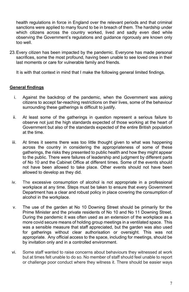 A page from the Sue Gray partygate report