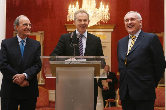 US senator George Mitchell, former prime Minister Tony Blair and former Irish premier Bertie Ahern in 2008
