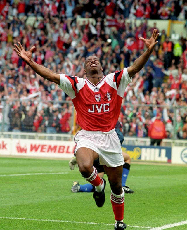 Arsenal’s Ian Wright celebrates after scoring against Sheffield Wednesday in the FA Cup final