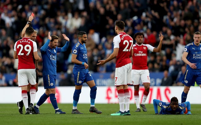 Mavropanos was sent off for pulling down Iheanacho as the Leicester forward ran through on goal
