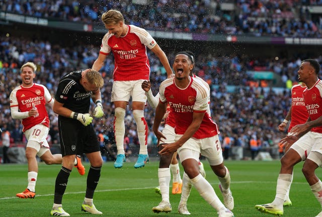 (Left to right) Arsenal’s Aaron Ramsdale, Martin Odegaard, William Saliba, Eddie Nketiah and Gabriel celebrate their penalty shoot-out win at Wembley