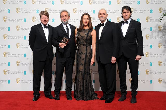 Robert Wade, Sam Mendes, Barbara Broccoli, Michael G Wilson and Neal Purvis with the award for outstanding British film for Skyfall at the 2013 British Academy Film Awards