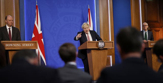 England's chief medical officer Professor Sir Chris Whitty, Prime Minister Boris Johnson and chief scientific adviser Sir Patrick Vallance during a media briefing in Downing Street