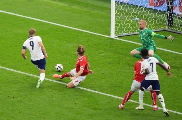 England’s Harry Kane scores against Denmark at Euro 2024