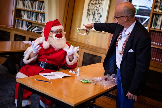 Santas at The Ministry of Fun’s Summer School at Southwark Cathedral, London which aims to create COVID-safe Christmas grottos by teaching Father Christmases how to appear safely in person whilst maintaining the Christmas magic