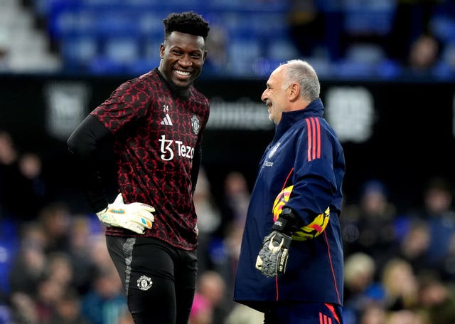 Manchester United goalkeeping coach Jorge Vital with Andre Onana (Bradley Collyer/PA)