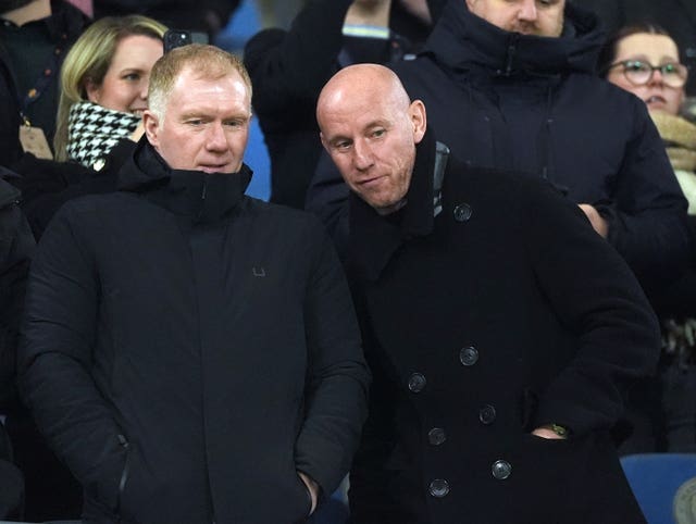 Paul Scholes and Nicky Butt pictured in the directors' box at the Etihad Stadium watching the FA Cup tie between Manchester City and Salford 