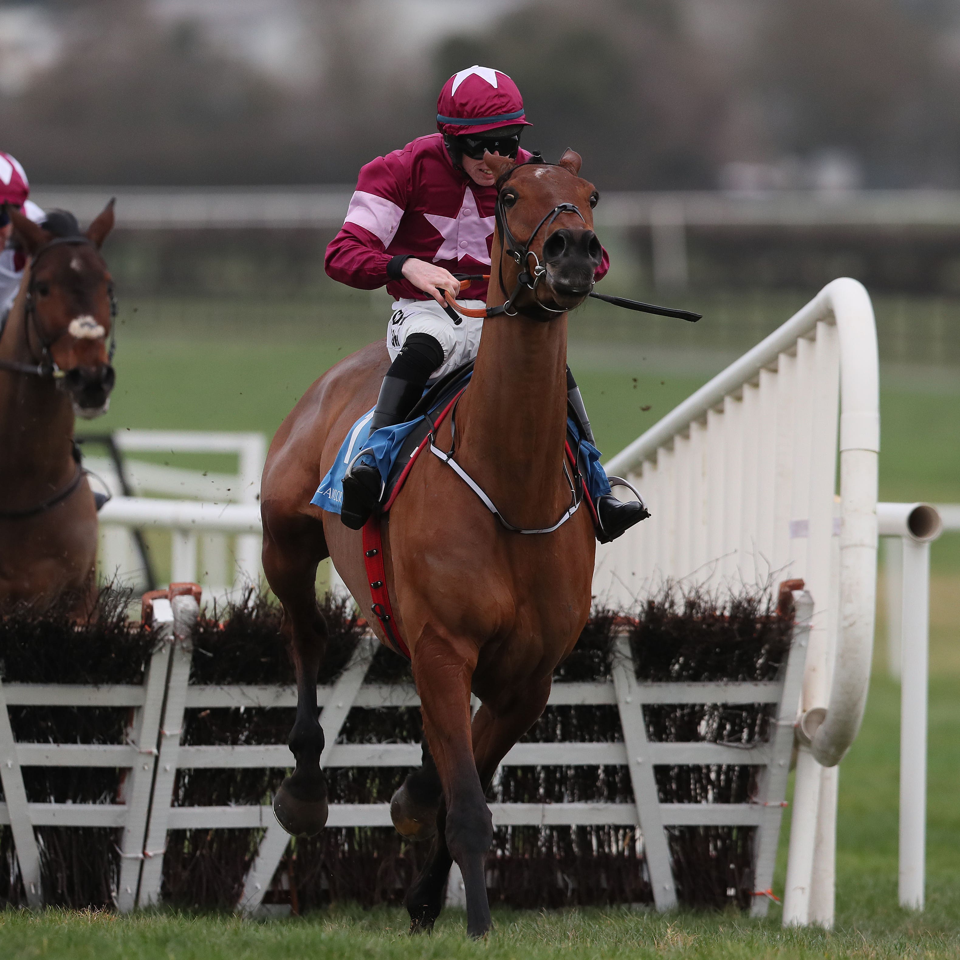 Battleoverdoyen, ridden by Jack Kennedy, clears the last on the way to winning the Lawlor’s of Naas Novice Hurdle