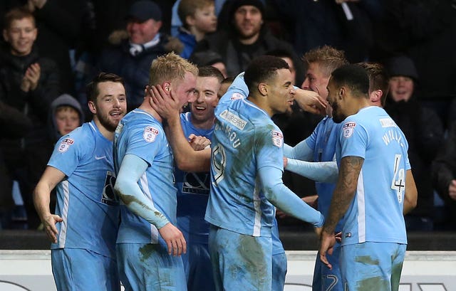 Jack Grimmer celebrates scoring Coventry's second goal against Stoke