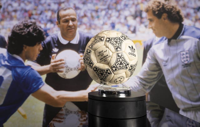 General view of the football used by Diego Maradona to score the ‘Hand of God’ goal at the 1986 World Cup quarter-final between Argentina and England
