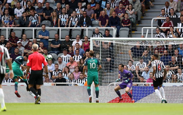 Dele Alli, left, heads in Spurs'' second at St James'' Park