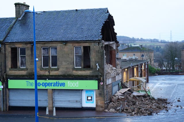 Storm Eowyn damage to the side of the Co-op store in Denny, Stirlingshire.