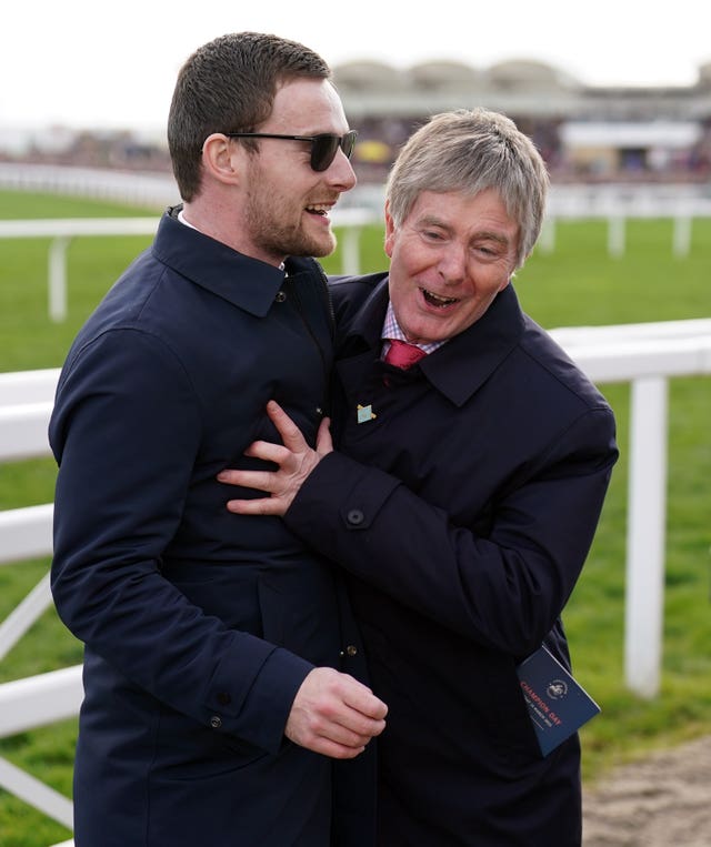 Owner and Trainer of Marine Nationale, Barry Connell (right), celebrates winning the Sky Bet Supreme Novices’ Hurdle