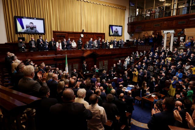 President Volodymyr Zelensky addresses a joint sitting of both Irish houses of parliament 