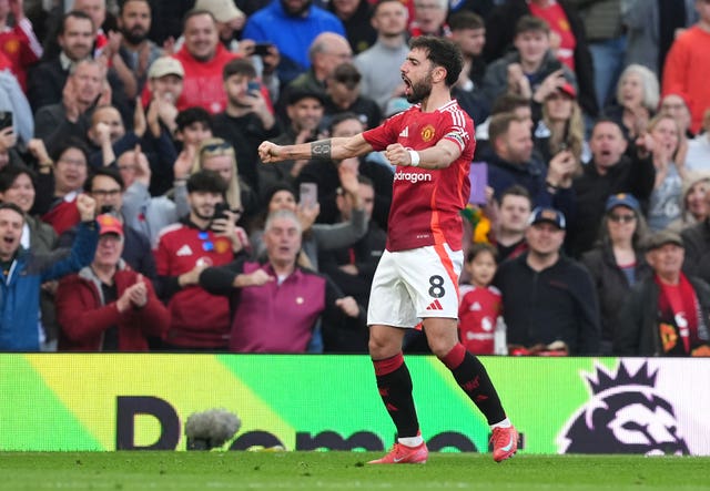 Bruno Fernandes celebrates scoring Manchester United’s goal against Arsenal