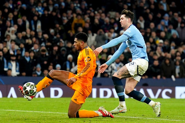 Real Madrid’s Jude Bellingham scores a late winner in their Champions League game against Manchester City at the Etihad Stadium