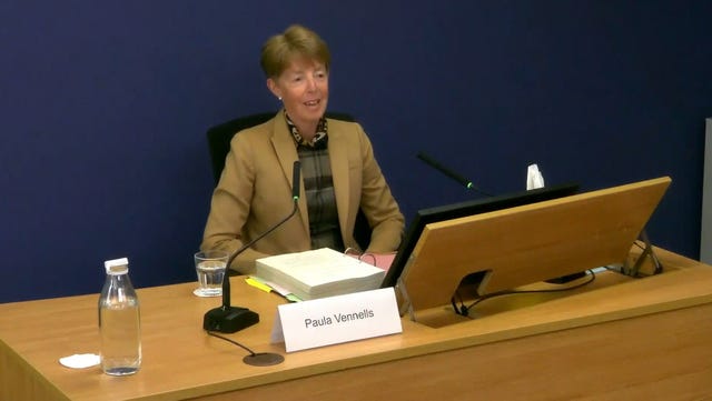Former Post Office boss Paula Vennells on her second day of giving evidence to the inquiry at Aldwych House, central London
