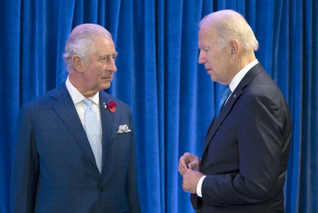 The then Prince of Wales with US President Joe Biden during the Cop26 summit in Glasgow last November