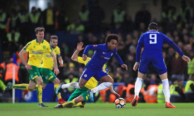 Chelsea's Willian goes down in the box against Norwich